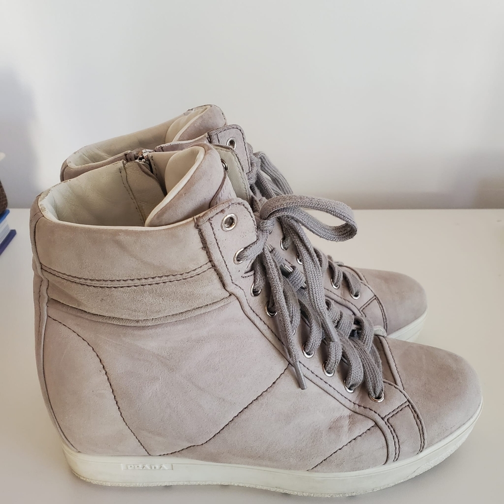 Prada Beige Suede High Top 2" Wedge Sneaker